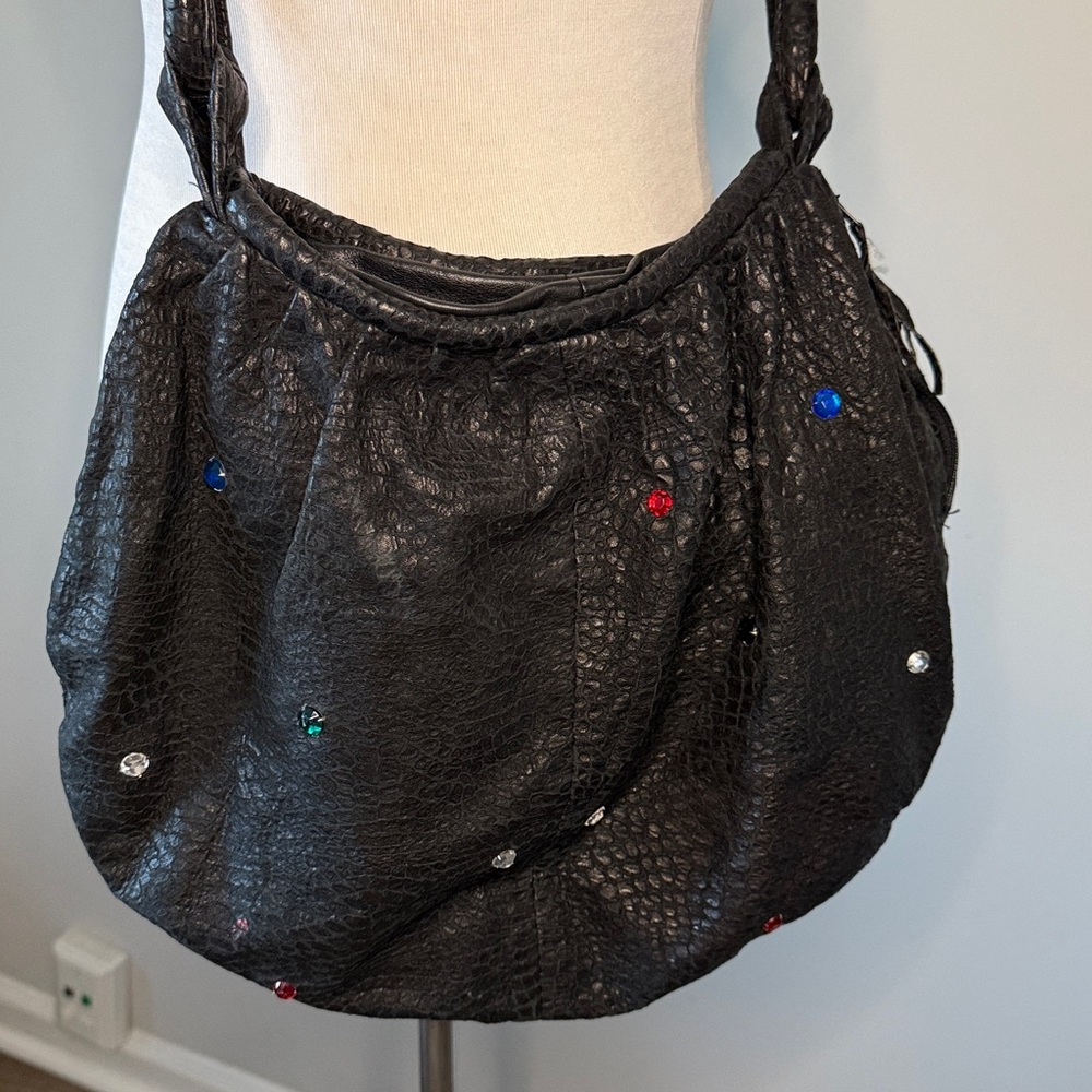 Vintage Elegant Black Shoulder Bag Leather embossed snake skin with rhinestones